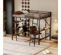 Lit mezzanine 90x200 cm Cadre en fer, Bureau & 3 étagères, Barrières latérales & Échelle de sécurité, Chambre d'enfant/Adulte 204.5x149x180.5 cm noir