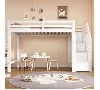 Lit mezzanine 90x200 cm lit avec sommier à lattes garde-corps marches escamotables espace libre blanc Blanc O.Ye Blan LIT MEZZANINE