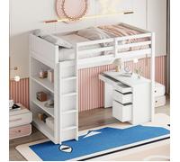 Lit Mezzanine 90x200 cm - Lit Combiné avec Bureau et Rangement, Lit enfant Bois de Pin et MDF Blanc, Sans Matelas