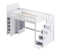 Lit Mezzanine 90x200 cm - Lit Combiné avec Échelle, Lit enfant avec Espace de Rangement et Casiers, Structure Bois - Blanc
