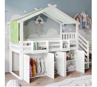 Lit Mezzanine 90x200 cm - Lit Combiné avec Rangement, Barrière Sécurité, Armoire et 3 Casiers Escalier, Pin + MDF - Blanc Vert