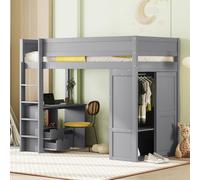 Lit mezzanine 90x200 cm, lit enfant en bois avec barrière de sécurité et échelle, lit superposé polyvalent avec armoire & bureau & tiroir 205x95x165 cm grise