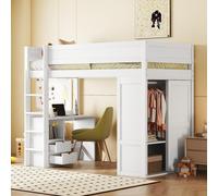 Lit mezzanine 90x200 cm, lit enfant en bois avec barrière de sécurité et échelle, lit superposé polyvalent avec armoire & bureau & tiroir 205x95x165 cm blanc