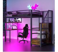 Lit Mezzanine 90x200 cm - MERAX - Métal Noir - Bureau Gaming avec LED - Escalier de Rangement - Armoire Intégrée