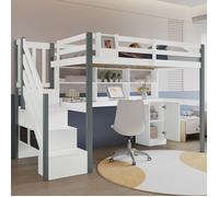 Lit Mezzanine 90x200 cm mi-hauteur avec bac de rangement en tissu avec échelle latérale avec Bureau et casiers - Blanc+Gris