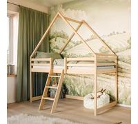 Lit Mezzanine 90x200 cm pour Enfants, lit en Forme de Maison, lit Mezzanine pour Enfants avec barrière de sécurité, échelle et sommier à Lattes | 90x200 cm : de 4 à 16 Ans, Naturel