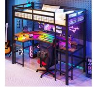Lit Mezzanine 90x200 - LANGTU - Modèle Gamer - Bureau intégré - LED RGB - USB/Type-C & prises