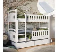 Lit mezzanine 90x200 Lit superposé avec deux matelas et deux tiroirs, sommier à lattes, protection contre les chutes, convertible en lits jumeaux, bois massif blanc, lit fonctionnel