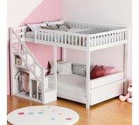 Lit Mezzanine 90x200, Lit une place pour enfant avec échelle de sécurité de Rangement, Lits cabane Enfants Multifonction avec Haute clôture, Protection Anti-Chute, Blanc,Sans Matelas (90 x 200 cm)