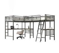 Lit Mezzanine 90x200cm-2 Lits Superposés-Table Sous-lit-Escalier-Rampe Haute-Noir-Gain Place (sans Matelas)