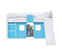 Lit mezzanine 90x200cm avec toboggan, matelas, sommier et rideau bleu