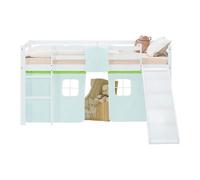 Lit mezzanine 90x200cm avec toboggan, matelas, sommier et rideau vert