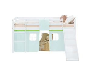Lit mezzanine 90x200cm avec toboggan, matelas, sommier et rideau vert