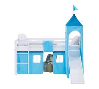 Lit mezzanine 90x200cm avec toboggan, matelas, tour et rideau bleu