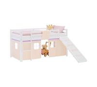 Lit mezzanine 90x200cm avec toboggan, sommier et rideau pin violet-pêche
