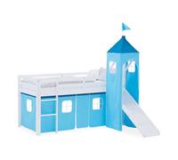 Lit mezzanine 90x200cm avec toboggan, tour et rideau pin bleu