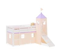 Lit mezzanine 90x200cm avec toboggan, tour et rideau pin violet-pêche