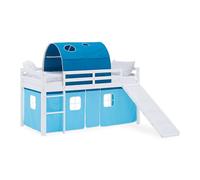 Lit mezzanine 90x200cm avec toboggan, tunnel et rideau pin bleu
