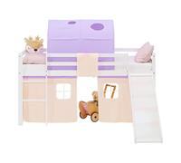 Lit mezzanine 90x200cm avec toboggan, tunnel et rideau pin pêche