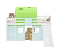 Lit mezzanine 90x200cm avec toboggan, tunnel et rideau pin vert