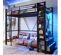 Lit mezzanine - 90x200cm - cadre en fer - avec barre de séchage - 4 tiroirs -avec prise USB+Type-C-bande LED-sans matelas - noir