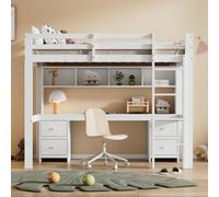 Lit mezzanine 90x200cm Lit enfant Bureau Tiroirs Étagère de rangement Cadre de lit simple Sommier à lattes Garde-corps Escalier Jeunesse Adulte Dortoir Blanc 204x97x167 cm blanc