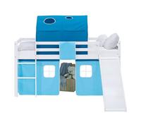 Lit mezzanine 90x200cm toboggan, sommier, tunnel et rideau pin bleu