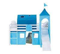 Lit mezzanine 90x200cm toboggan, tour, tunnel et rideau pin bleu