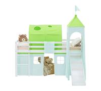 Lit mezzanine 90x200cm toboggan, tour, tunnel et rideau pin vert