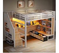 Lit Mezzanine Adulte Métal 140x200 cm, Lit Double, Bureau de Travail, 2 Tiroirs et Escalier à Rangement avec LED O.Ye LIT MEZZANINE