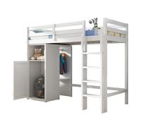 Lit mezzanine avec armoire intégrée et étagères, lit simple avec échelle en bois solide, protection anti-chute et sommier à lattes, solution de sommeil peu encombrante en bois massif, lit