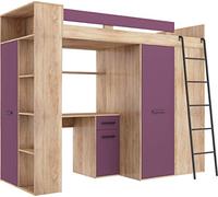 Lit Mezzanine avec Bureau, Armoire et Bibliothèque - Couchage 90x200 cm | Lit Combiné Tout-en-Un pour Enfant - Ensemble Complet 236x120x190 cm - Échelle à Droite - VERANA (Chêne Sonoma - Violet)