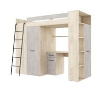 Lit Mezzanine avec Bureau, Armoire et Bibliothèque - Couchage 90x200 cm | Lit Combiné Tout-en-Un pour Enfant - Ensemble Complet 236x120x190 cm - Échelle à Gauche - VERANA (Chêne Endgrain/Béton)