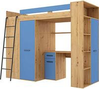 Lit Mezzanine avec Bureau, Armoire et Bibliothèque - Lit Combiné Tout-en-Un pour Enfant - Ensemble Complet 236x120x190 cm - Couchage 90x200 cm - Échelle à Gauche - VERANA (Chêne Artisan - Bleu)