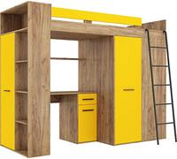 Lit Mezzanine avec Bureau, Armoire et Bibliothèque - Lit Combiné Tout-en-Un pour Enfant - Ensemble Complet 236x120x190 cm - Couchage 90x200 cm - Échelle à Droite - VERANA (Artisanat Or - Jaune)