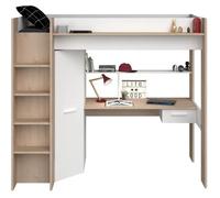 Lit Mezzanine Avec Bureau Et Armoire - 90 X 200 Cm - Coloris : Blanc Et Naturel - Auckland Marron
