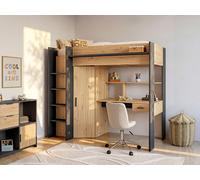 Lit mezzanine avec bureau et armoire - 90 x 200 cm - Coloris : Chêne et anthracite + matelas - AUCKLAND