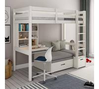 Lit Mezzanine Avec Bureau Et Chauffeuse Pin Massif Arthur Blanc 90X200