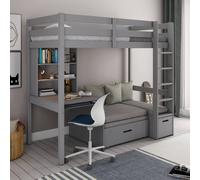 Lit Mezzanine Avec Bureau Et Chauffeuse Pin Massif Arthur Gris 90X200