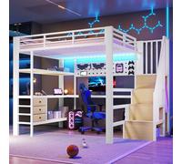 Lit mezzanine avec éclairage LED et prise de courant 140x200 cm, Cadre de lit en métal avec planche suspendue et table,Lit mezzanine double avec tiroirs et rangement, Blanc (matelas non inclus)