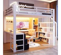Lit mezzanine avec LED 140x200cm,Lit double avec cadre en fer avec bureau et 4 tiroirs,Lit mezzanine avec compartiment de rangement et grille pour suspendre,escalier de rangement,Blanc(Sans matelas)