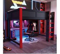 Lit mezzanine avec LED, bureau gaming, garde-robe et rangement - TCQPZ - Noir et rouge, pin, MDF, 140 x 200 cm