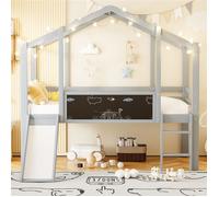 Lit mezzanine bas maison enfant 90x200 avec echelle sécurité, lit cabane mi hauteur 1 place avec tableau, toboggan pour garçon,