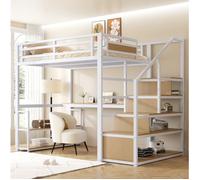 Lit mezzanine blanc 140×200 cm avec bureau et rangements, sommier inclus, structure stable, sans matelas
