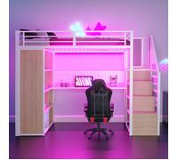 Lit mezzanine blanc 90×200 cm avec rangement, armoire, bureau, LED et panneau perforé, structure solide