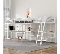 Lit mezzanine de 90 x 200 cm, deux lits superposés, table sous le lit, double escalier, rampe haute, blanc