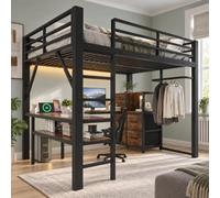 Lit mezzanine de jeu 140 x 200 cm en métal marron noir avec bureau d'angle | Avec 7 tiroirs en tissu, prises européennes et tringle à vêtements, le lit mezzanine offre un espace de rangement polyvalent