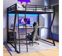 Lit mezzanine de jeu, 140 x 200 cm, noir, avec LED RVB et USB, grand lit en métal, avec bureau, étagère, escalier et balustrade, lit d'adolescent stable, peu encombrant pour joueurs, étudiants et