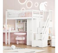 Lit Mezzanine en Bois 90x200 cm avec Armoire, étagères, Bureau, Tiroirs et échelle de Rangement, Lit Simple avec Grille Antichute, Facile à Monter, Cadre de lit pour Adolescents et Adultes, Blanc