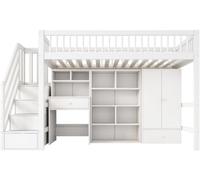 Lit Mezzanine en Bois avec Dressing et Bureau intégré Amélia - 90 x 190 cm - Blanc